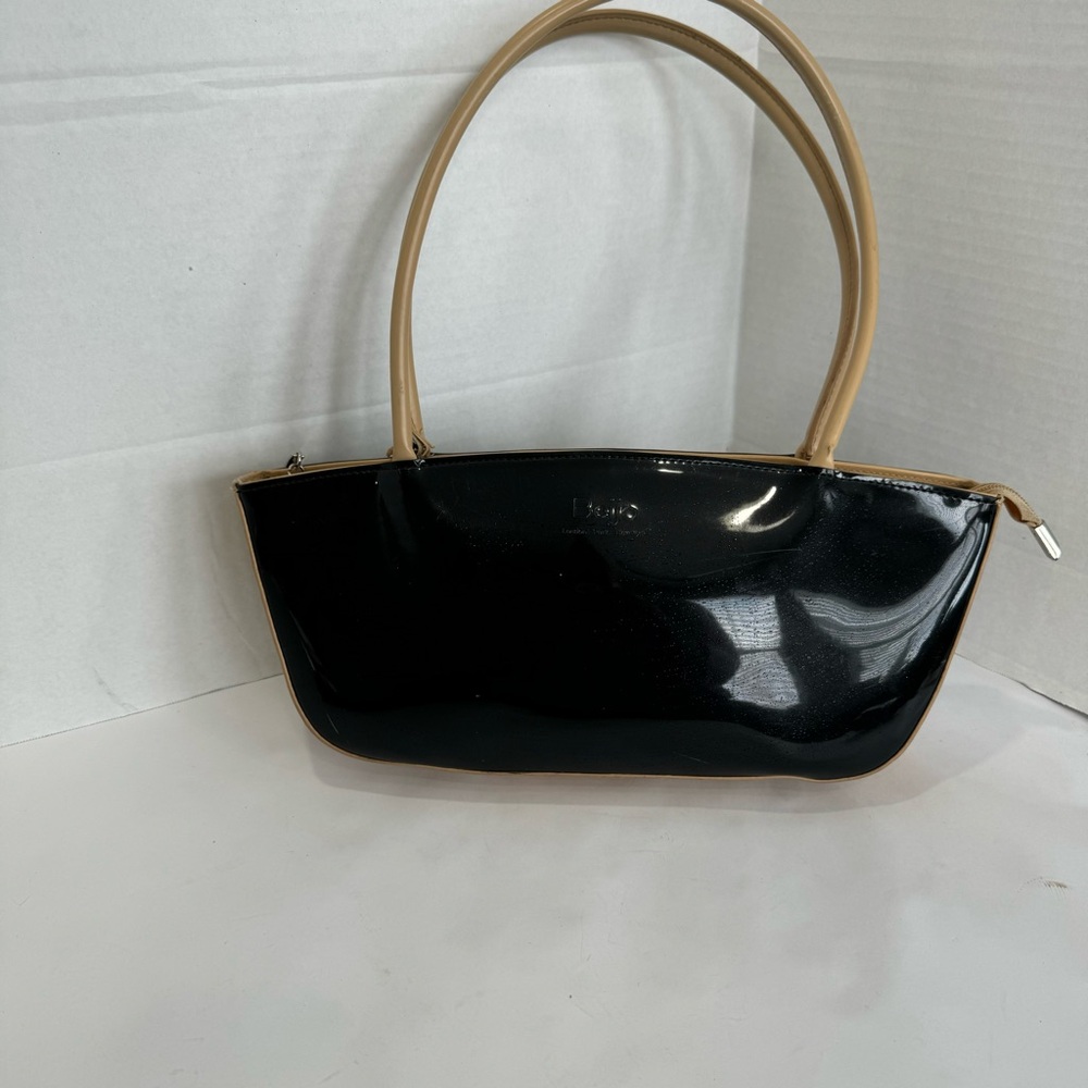 Beijo bag black patent with tan trim purse with outside and inside pockets